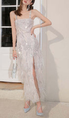 Embroidered FeaTher Crystal Midi Dress In White