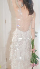 Embroidered FeaTher Crystal Midi Dress In White