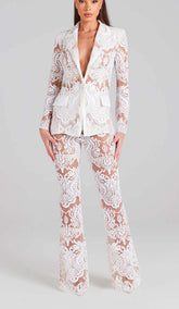 Embroidered Lace Mesh Jacket Suit In White