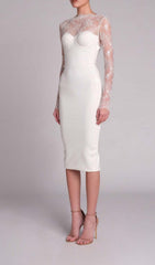 Embroidered Lace Midi Dress In White