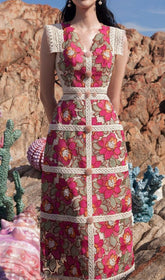 Embroidery Flower Midi Dress In Red