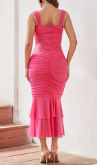 Ruched Mesh Maxi Dress In Hot Pink