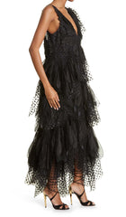 FeaTher V-Neck FLUTeD Midi Dress In Black