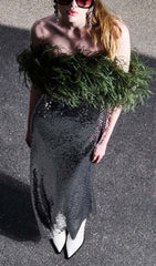FeaThered Sequined Maxi Dress In Metallic Silver