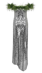 FeaThered Sequined Maxi Dress In Metallic Silver