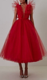 V-Neck Net Midi Dress In Mahogany