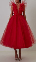 V-Neck Net Midi Dress In Mahogany