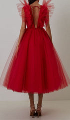 V-Neck Net Midi Dress In Mahogany
