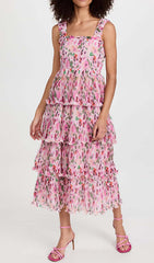 Floral-Applique Tiered Midi Dress In Pink