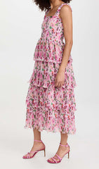 Floral-Applique Tiered Midi Dress In Pink