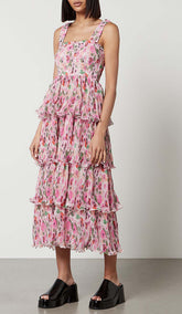 Floral-Applique Tiered Midi Dress In Pink
