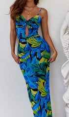 Floral Backless Maxi Dress In Blue