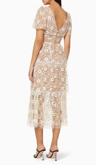 Floral EmbelliShed Puff Sleeve Midi Dress In White