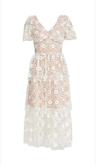 Floral EmbelliShed Puff Sleeve Midi Dress In White