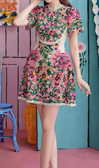 Floral-Embroidered Lace Dress In LIPSTICK
