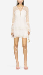 Floral-Lace Tiered Midi Dress In LVORY