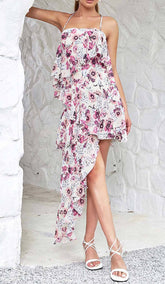 Floral Print Cold Shoulder Halter High Low Dress