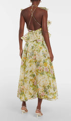 Floral Linen And Silk Midi Dress