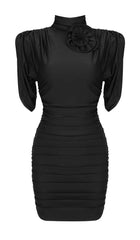 Flower-EmbelliShed Ruched Mini Dress In Black