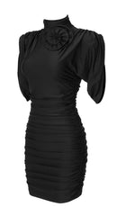 Flower-EmbelliShed Ruched Mini Dress In Black