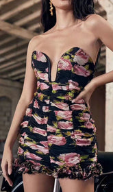 Flower Printed Strapless Plunge Mini Dress