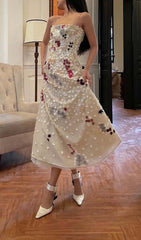 Flower Rhinestone Suspender Dress In White