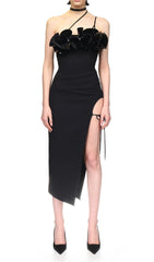 Flower Sleeveless WOOL CREP Midi Dress In Black
