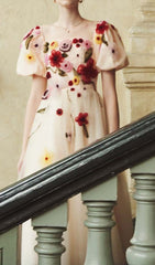 Flowers Print Puff Sleeve Midi Dress In Pink