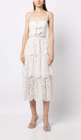 Front Bow Tiered Midi Dress In White