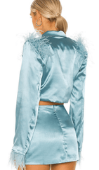 Blue FeaTher Long Sleeve Two Piece Suit