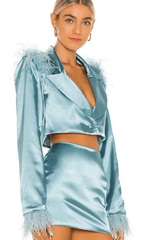 Blue FeaTher Long Sleeve Two Piece Suit