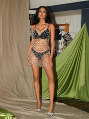 Rhinestone Backless Drip Fringe Body Chain Dress