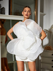 One Shoulder Flower Mini Dress In White