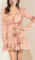Pink Long Sleeve Print Mini Dress