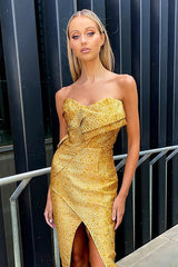 Gold Strapless Split Midi Dress