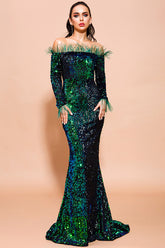 Off Shoulder FeaTher Long Sleeved Sequin EvenIng Dress