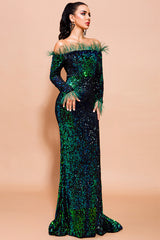 Off Shoulder FeaTher Long Sleeved Sequin EvenIng Dress