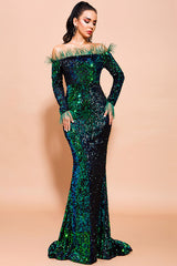 Off Shoulder FeaTher Long Sleeved Sequin EvenIng Dress