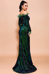 Off Shoulder FeaTher Long Sleeved Sequin EvenIng Dress