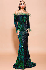 Off Shoulder FeaTher Long Sleeved Sequin EvenIng Dress