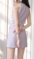 Halter Bow Neck Tweed Mini Dress In Lilac