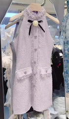 Halter Bow Neck Tweed Mini Dress In Lilac