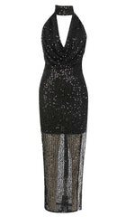 Halter Sleeveless Sequin Maxi Dress In Black