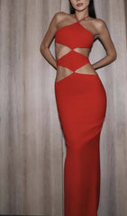 HalterNeck Cutout Maxi Dress In Red