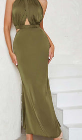 Halter Satin Midi Dress In DARK Forest