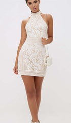 High Neck CROCHET Mini Dress In Beige