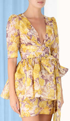 High Tide Floral-Print Linen-BLEND Mini Dress In YelLow