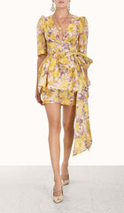 High Tide Floral-Print Linen-BLEND Mini Dress In YelLow