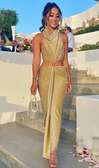 Champagne Halter Cutout Chain Draped Maxi Dress
