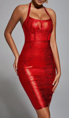 Red Halter Metallic Bandage Mini Dress